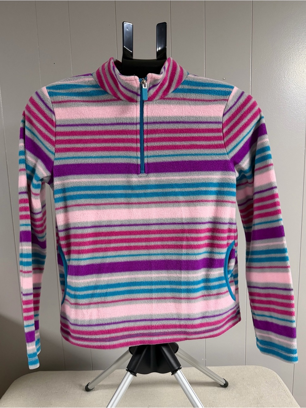 Faded Glory Pink, Purple & Teal Striped Half-Zip Fleece Pullover